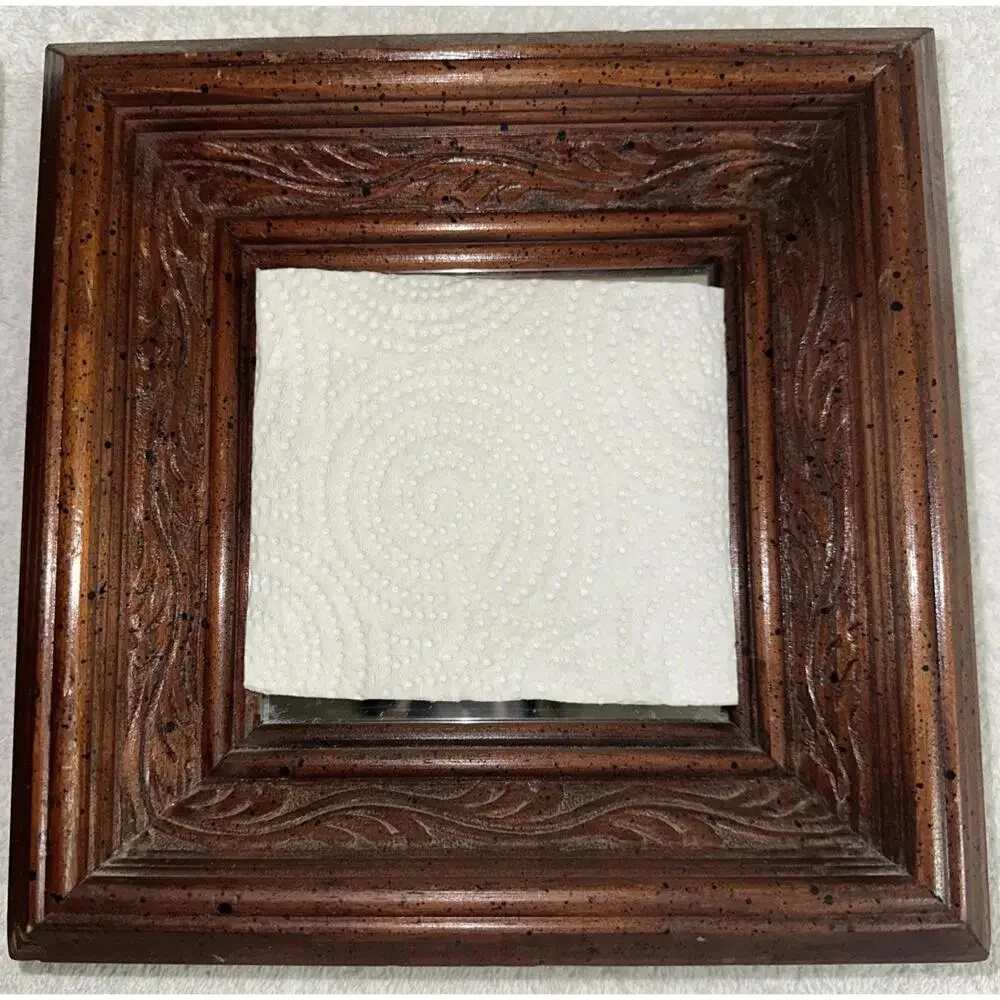 Set Of 2 Vtg Solid Wood Carved Ornate Detailed frame Mirror Wall Mount 8x8x2